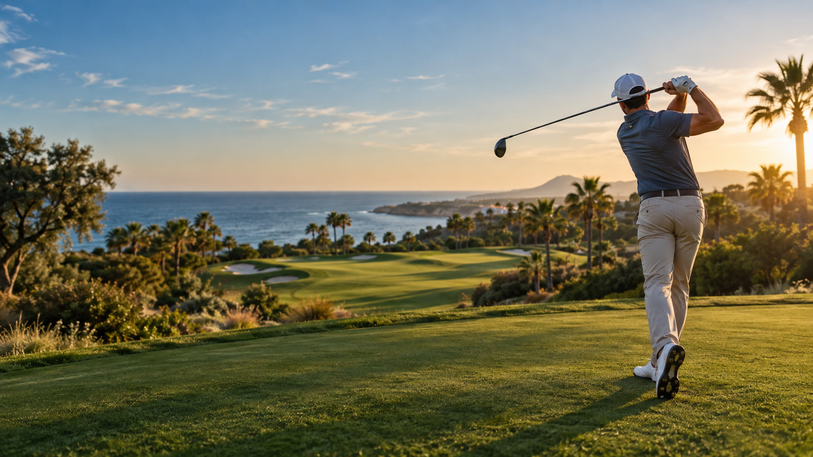 Jugador de golf golpeando la bola en un campo junto al Mediterráneo